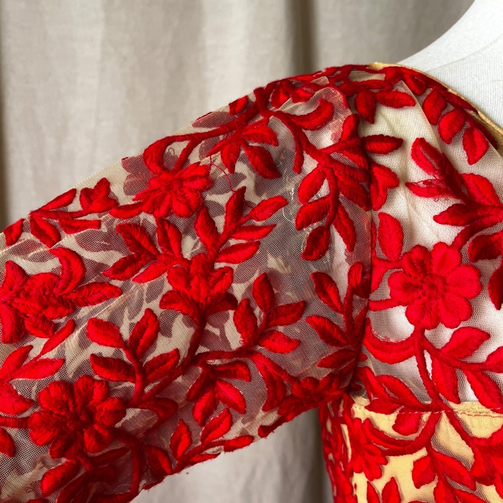 Red Floral Embroidered Mesh Handmade Formal Gown Nude Lined Medium - Picture 5 of 8